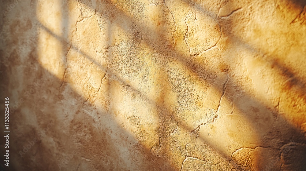 Aufkleber Soft afternoon light filters through a nearby window, creating intersecting shadows on a smooth brown wall. The varying textures highlight the wall's warm color, evoking a peaceful ambiance