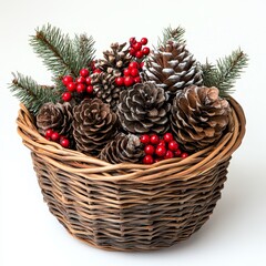 A festive basket filled with pine cones and red berries, perfect for holiday decor.