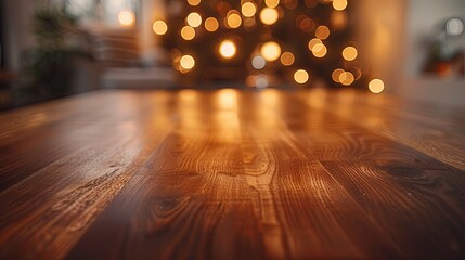 Warm Wooden Tabletop with Defocused Christmas Lights in Background