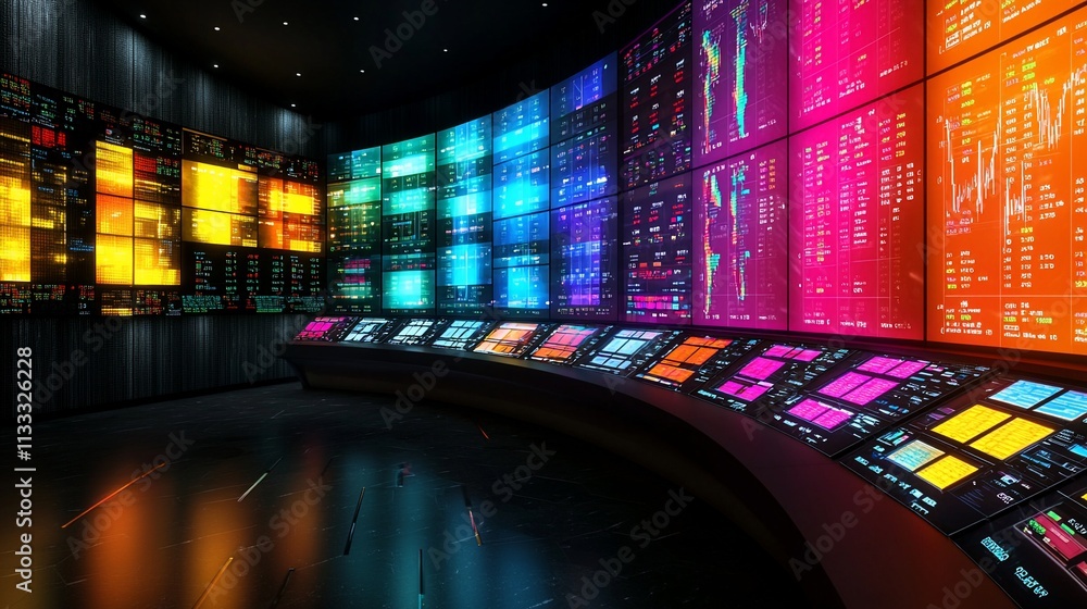 Poster futuristic control room with vibrant data displays.