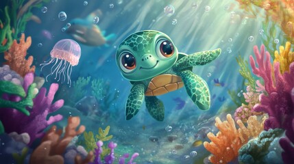 Fototapeta premium A charming baby sea turtle swims happily through a bright and colorful underwater coral reef, surrounded by marine life and illuminated by rays of sunlight.. AI Generation