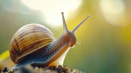 Close up of a snail in a forest with a blurred background and space for textual message