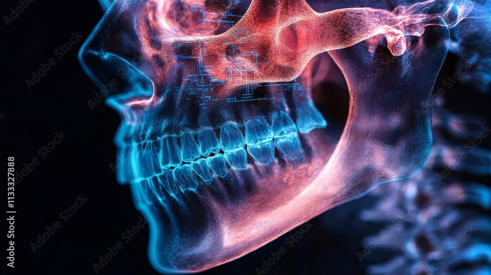 Poster detailed x-ray of a human skull and mandible showing intricate bone structure and alignment