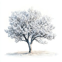Fototapeta premium A solitary tree covered in frost, creating a serene winter landscape.