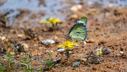 오염된 들판에 남아 있는 작은 꽃 한 송이와 그 위의 나비 한 마리