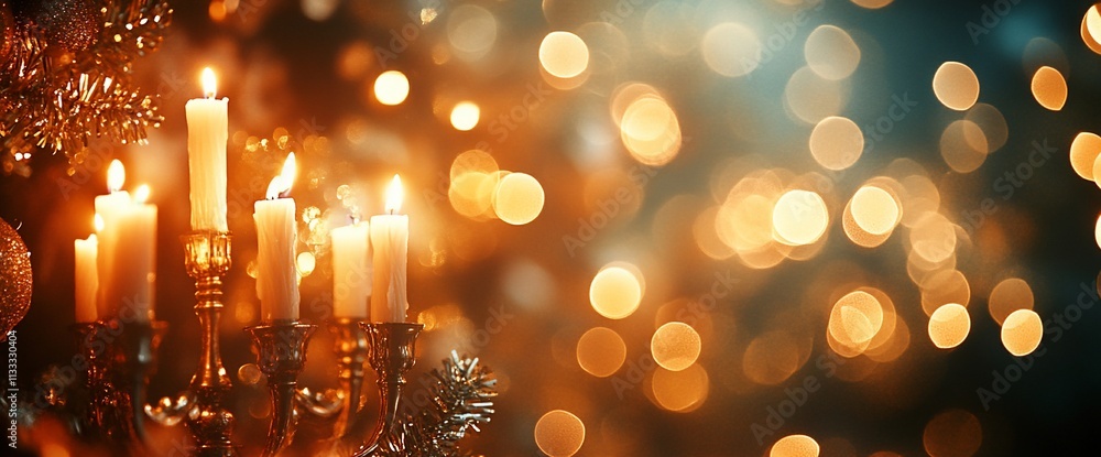 Poster a warm, festive scene featuring candles and soft bokeh lights for a cozy atmosphere.