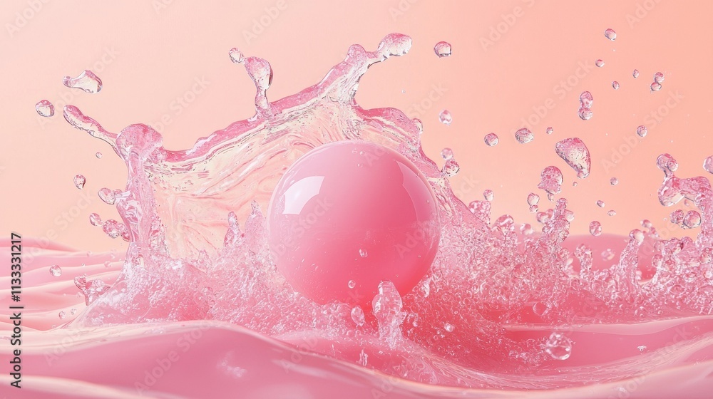 Poster pink sphere splashing into liquid with dynamic droplets