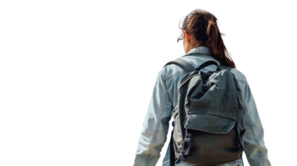 Portrait of a woman walking, back view on white background
