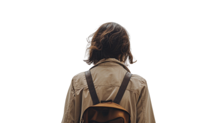 Portrait of a woman walking, back view on white background