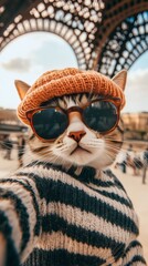 A fashionable cat in a knitted beret and sunglasses takes a selfie near the Eiffel Tower. Bright sky and casual attire add to the Parisian charm and playful atmosphere.. AI Generation