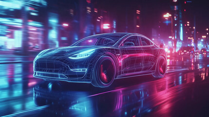 Fototapeta premium Futuristic Electric Vehicle in Motion with Neon Lights, Wire-Frame Hologram, and City Street at Night