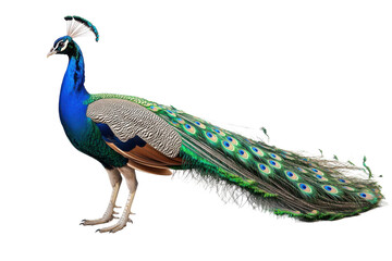 Fototapeta premium Stunning Close-Up of a Majestic Peacock Spreading Its Tail Feathers, Capturing the Beauty of Nature's Colors with isolated on transparent background