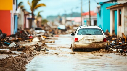 Mud-filled city streets with wreckage from homes and vehicles, hurricane aftermath, urban devastation
