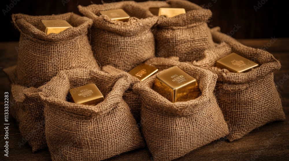 Poster a collection of burlap sacks neatly filled with gold bars, symbolizing wealth and investment. the wa
