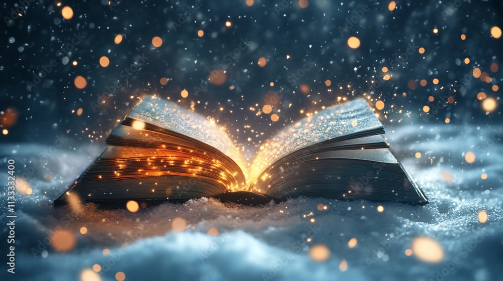 Poster an open book emits magical light in a snowy setting, suggesting wonder and imagination.