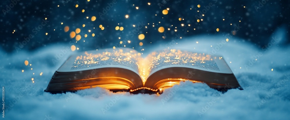 Poster an open book emitting magical sparks in a snowy setting.