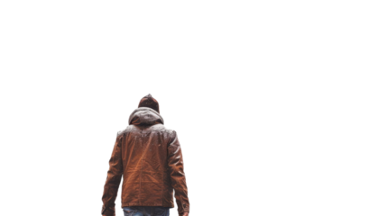 Portrait of a man walking, back view on white background
