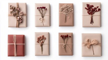 sustainable gift wrapping, eco-friendly valentines day display with layered craft paper wrapping, natural cotton ribbons, pressed flowers, set on white background
