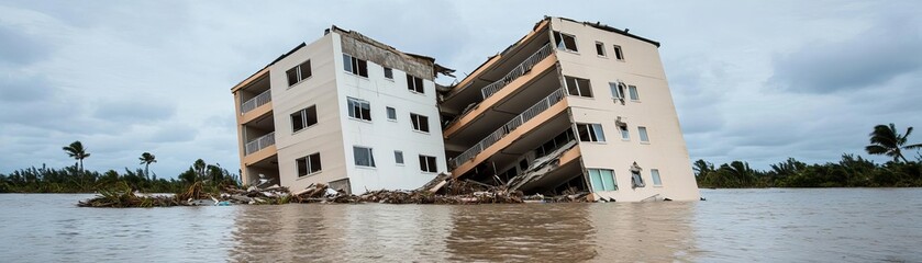 Partially collapsed apartment complex surrounded by floodwaters, hurricane aftermath, urban damage