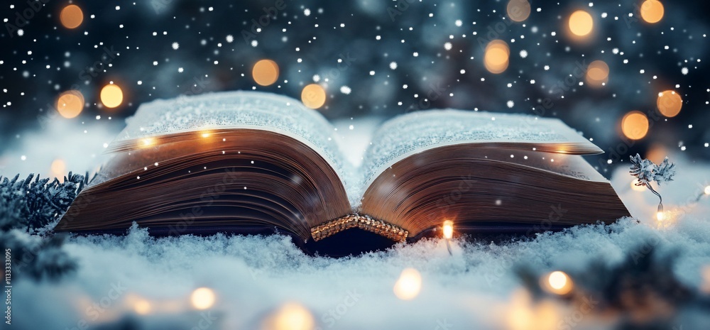 Poster An open book rests in snow, surrounded by soft lights and falling snowflakes.