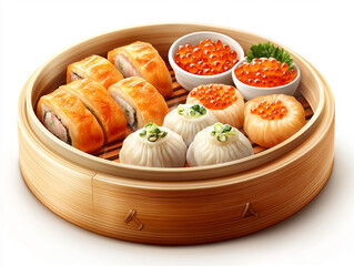 A bamboo steamer filled with sushi rolls, dumplings, and salmon roe for a delicious meal.