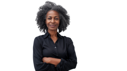 Portrait arms crossed, thinking face , african mature man on white background