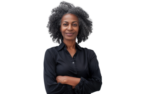 Portrait arms crossed, thinking face , african mature man on white background