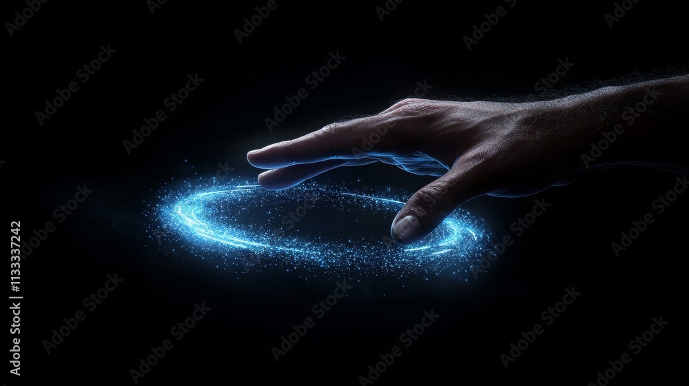 Poster a futuristic technology background featuring a hand touching a digital hud interface, illustrating a