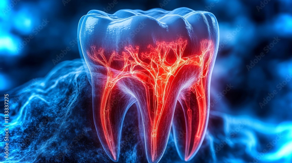 Aufkleber high-resolution digital x-ray of a molar highlighting intricate root structure and nerve pathways