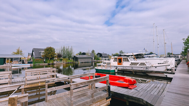 Houses on Loosdrechtse Plassen Lake with Boats, Islands and Canals. Scheendijk, Netherlands