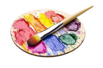 Close-Up of a Paintbrush and Vibrant Paint Palette with isolated on transparent background