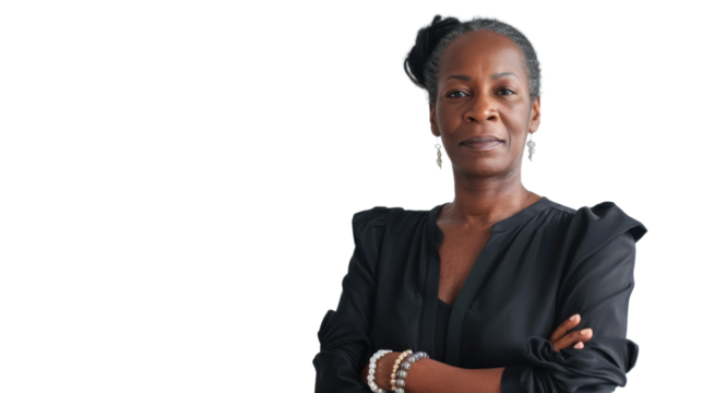 Portrait arms crossed, thinking face , african mature man on white background