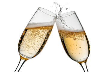 Toasting Champagne Glasses with Bubbly Sparkling Wine with isolated on transparent background