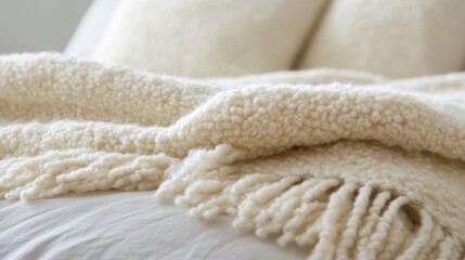 White Fluffy Blanket with Tassels on a Bed