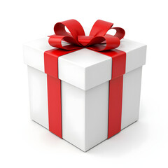 Fototapeta premium White gift box with red ribbon bow, isolated on white 