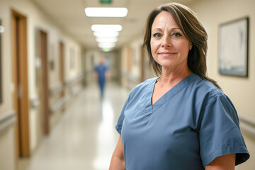 Caucasian female nurse in hospital corridor