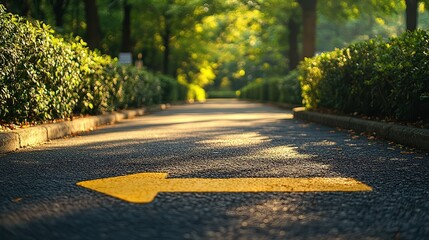 Obraz premium sunlit path in a green park with a yellow arrow painted on the road, symbolizing direction, movement, and peaceful journeys.