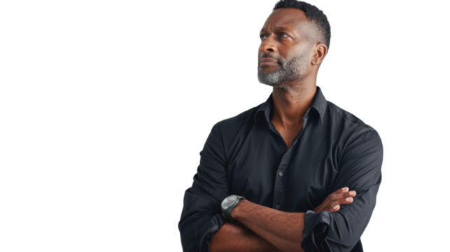 Portrait arms crossed, thinking face , african mature man on white background - Powered by Adobe
