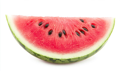 A fresh slice of watermelon showcasing its juicy red flesh and black seeds.