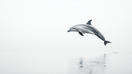 Obraz premium A striped dolphin leaps from the ocean in a monochrome image against a white background.