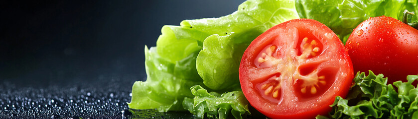 Fresh lettuce and sliced tomato on a dark background, glistening with water droplets.