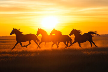 Silhouetted horses running at sunset in open field with golden sky