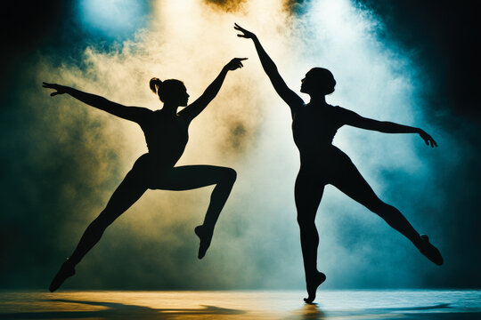 Silhouette of two female dancers performing ballet against colorful foggy background