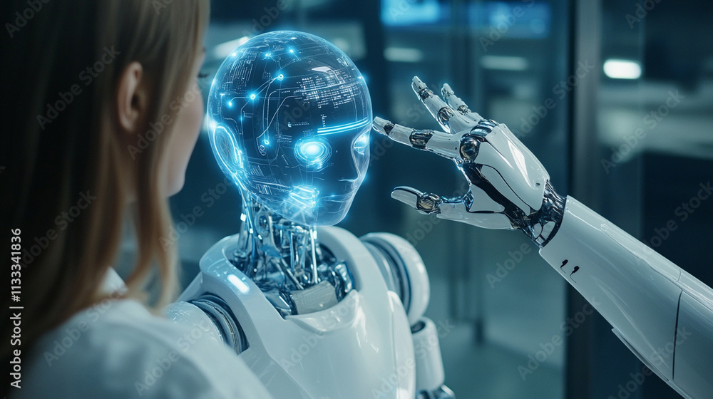 Poster a humanoid robot interacts with a human, showcasing advancements in ai and robotics.