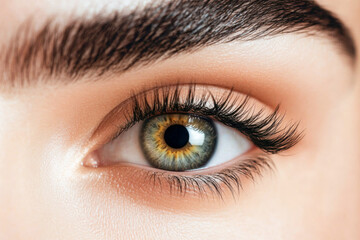 Obraz premium Close-up of a young caucasian female's green eye with long eyelashes