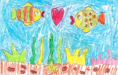 A couple of fish in love - child's drawing of two fish underwater with heart shape, wax crayons illustration 
