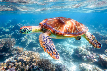 Fototapeta premium Majestic sea turtle swimming gracefully over vibrant coral reefs under clear blue water