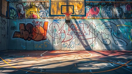 Obraz premium Urban Basketball Court Graffiti Art Sunlit Outdoor Sports