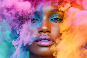 Vibrant portrait of young african female surrounded by colorful smoke