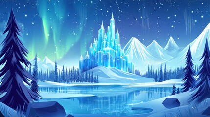 Enchanting ice castle on snowy landscape under aurora borealis.
